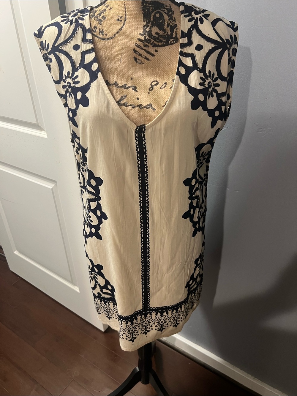 Free People Cream Tunic with Navy Floral Trim